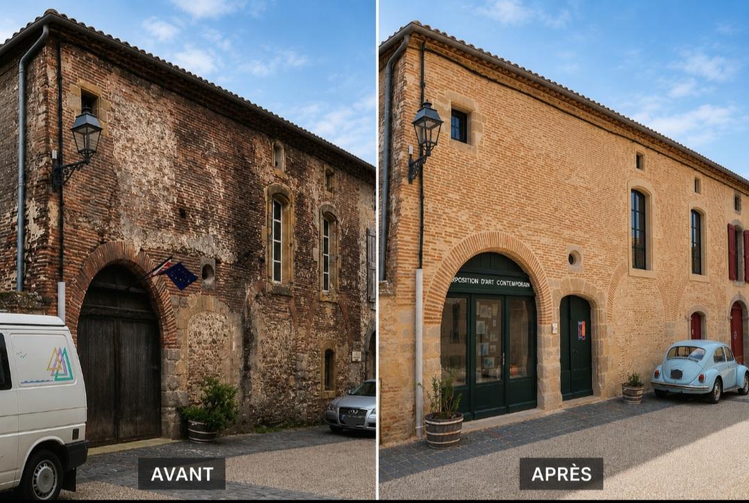 Rénovation d'une façade de caractère dans la cité médiévale de Fanjeaux dans l'Aude.  Un ancien hôtel particulier du XV siècle, transformé aujourd'hui en  Centre arts et culture, la maison Gramont, exposition d'art contemporaine internationale. Avant et après rénovation d'une façade avec remplacement des menuiseries en bois, fenêtre, portail, volet, sur un bâtiment ancien a Fanjeaux, dans l'Aude